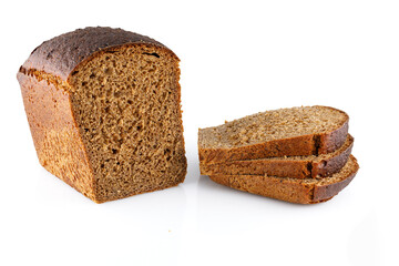 Loaf of black bread isolated on white. Close-up. Full depth of field.