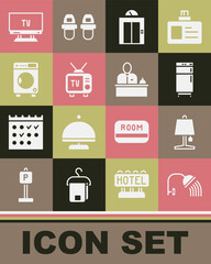 Set Shower head, Table lamp, Refrigerator, Lift, Retro tv, Washer, Smart Tv and Hotel reception desk icon. Vector