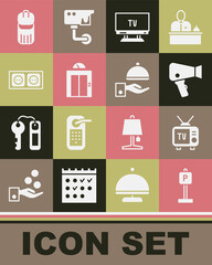 Set Parking, Retro tv, Hair dryer, Smart Tv, Lift, Electrical outlet, Trash can and Covered with tray icon. Vector