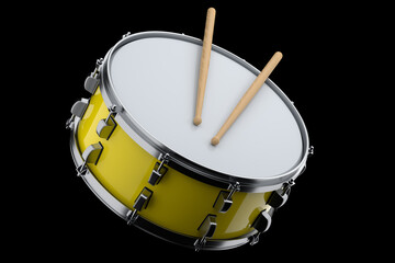 Obraz na płótnie Canvas Realistic drum and wooden drum sticks on black. 3d render of musical instrument