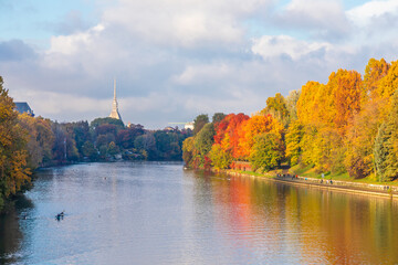 Autumn in Turin with Po' river, Piedmont region, Italy. landscape with blue sky.