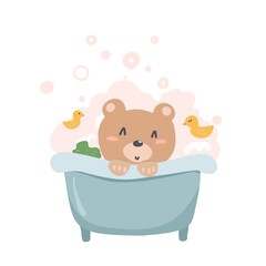 A cute bear bathes in the bath. Illustration for children's book, magazine, postcard, poster. Children's character illustration.