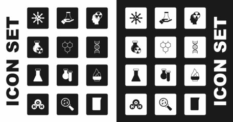 Set Head and radiation symbol, Chemical formula, Test tube, Bacteria, DNA, flask, Alcohol spirit burner and icon. Vector
