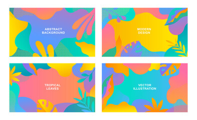 Set of vector abstract tropical cards. Horizontal templates for websites, greeting cards, advertising banners. Designs with palm leaves and flowers in flat cartoon style.