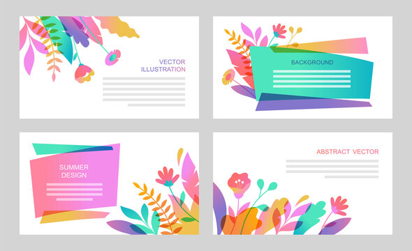 Set of vector abstract cards with leaves and flowers. Horizontal templates for websites, greeting cards and advertising banners. Floral designs in flat cartoon style.