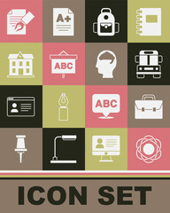 Set Atom, Briefcase, School Bus, backpack, Chalkboard, building, Exam sheet and pencil and Human brain icon. Vector