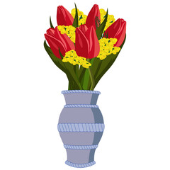Set of flowers bouquets with different flowers in vases. Tulips, mimosa. Bright colors, soft colors. Vector illustration.