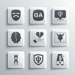 Set Psychology, Psi, Metronome with pendulum, Rorschach test, Broken heart divorce, Old hourglass, Bipolar disorder, Drama theatrical mask and icon. Vector