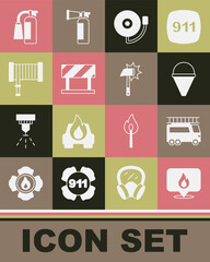 Set Location with fire flame, Fire truck, cone bucket, Ringing alarm bell, Road barrier, hose reel, extinguisher and Firefighter axe icon. Vector