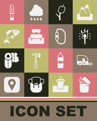 Set Lighter, Rv Camping trailer, Torch flame, Marshmallow on stick, Bench, Fish, Knife and Carabiner icon. Vector