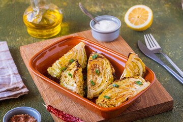 Fresh young cabbage baked in pieces in the oven with spices and olive oil in a ceramic form on a green concrete background. Vegan food. Vegetable recipes