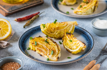 Fresh young cabbage baked in pieces in the oven with spices and olive oil on a ceramic plate on a...