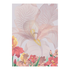 Vertical banner with iris flower composition. Soft pastel colors, light beige background. Vector illustration