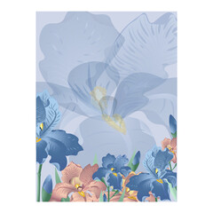 Vertical banner with iris flower composition. Soft pastel colors, light blue background. Vector illustration