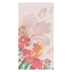 Vector banner with orange iris flowers on the beige background. Vector illustration, wallpaper, postcards, design for natural products. Soft warm colors