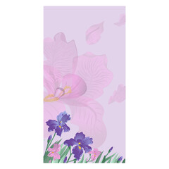 Vector banner with blue iris flowers on the lilac background. Vector illustration, wallpaper, postcards, design for natural products. Soft warm colors