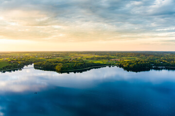 Beautiful aerial view of lake Galve, favourite among water-based tourists, divers and holiday makers, located in Trakai, Lithuania.
