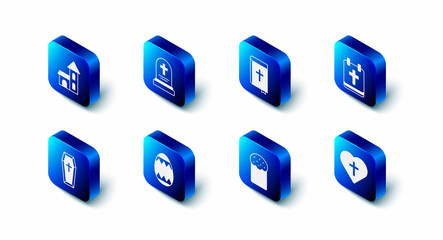 Set Grave with tombstone, Holy bible book, Calendar Easter, Christian cross in heart, cake, egg, Coffin and Church building icon. Vector