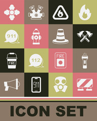 Set Road barrier, Flashlight, Firefighter axe, flame in triangle, hydrant, Emergency call 911, and Traffic cone icon. Vector