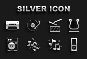 Set Music note, tone, Ancient Greek lyre, player, Guitar amplifier, Drum with drum sticks, Retro audio cassette tape and Vinyl icon. Vector