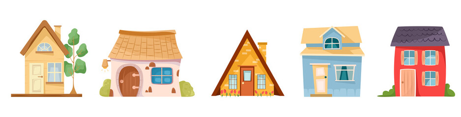 A set of cute tiny houses. Cartoon small townhouses, country houses, minimal suburban residential building vector illustration icons set. Isolated flat vector illustration.