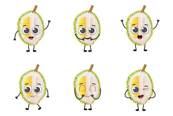Obraz premium Set of cute cartoon durian fruit vector character set isolated on white background