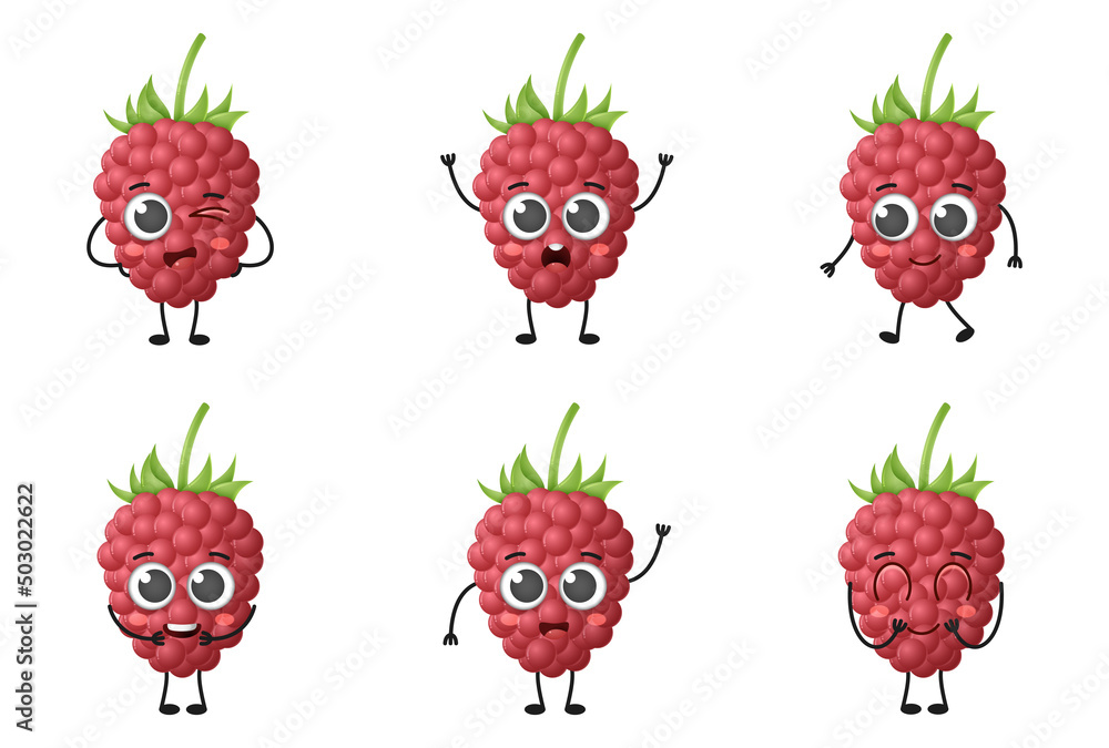 Poster set of cute cartoon raspberry fruit vector character set isolated on white background