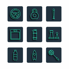 Set line Bottle of water, Surfboard, Tennis racket, Baseball bat, Aqualung, Bathroom scales, Steering wheel and Chess icon. Vector