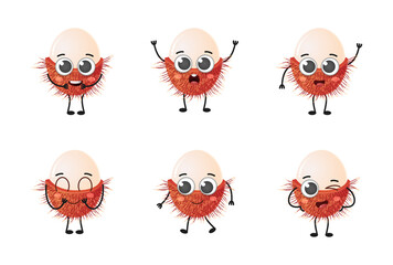 Set of cute cartoon rambutan fruit vector character set isolated on white background