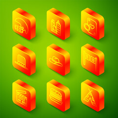 Set line American football helmet, City landscape, Casino chip playing cards, Patriotic top hat, Western cowboy, Saloon door, Movie clapper and Burger icon. Vector