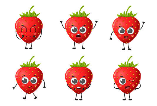 Set of cute cartoon strawberry fruit vector character set isolated on white background