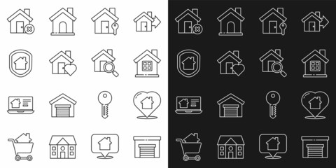 Set line Garage, House with heart shape, key, under protection, wrong mark and Search house icon. Vector