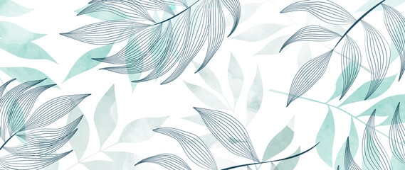 Abstract luxury art background with tropical leaves. Watercolor design in art line style in green and blue colors for wallpaper design, decor, interior - 503023033