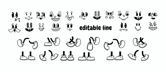 Vintage 50s cartoon and comic happy facial expressions. feet in shoes  and walking leg poses set. Retro quirky characters smile emoji set. Cute avatars with big eyes, cheeks and mouth