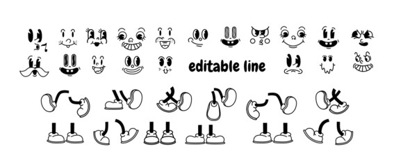 Vector Vintage 50s cartoon and comic happy facial expressions. feet in shoes  and walking leg poses set. Retro quirky characters smile emoji set. Cute avatars with big eyes, cheeks and mouth - obrazy, fototapety, plakaty