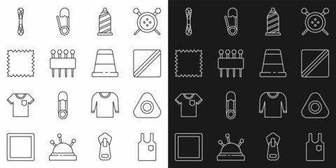 Set line Sleeveless T-shirt, Sewing chalk, Pattern, thread, Needle for sewing, Leather, Yarn and Thimble icon. Vector