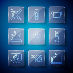 Set line Location tailor shop, Adjustable embroidery hoop, Sewing Pattern, Textile fabric roll, Sleeveless T-shirt, Needle bed and needles, button knitting and Zipper icon. Vector