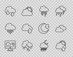 Set line Weather forecast, Cloud with rain and sun, lightning, moon and icon. Vector