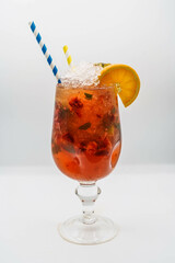Strawberry mojito with lemon juice, crushed ice and mint