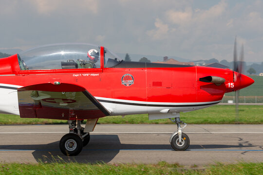 Payerne, Switzerland - September 7, 2014: Swiss Air Force PC-7 display team flying Pilatus PC-7 trainer aircraft.