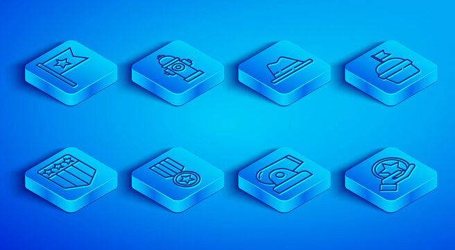 Set line American flag, Fire hydrant, Man hat with ribbon, Medal star, Cannon, Cake, Shield stars and USA Independence day icon. Vector