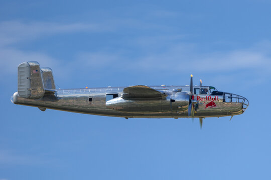 Payerne, Switzerland - September 7, 2014: World War II vintage North American B-25 Mitchell Bomber aircraft operated by The Flying Bulls collection.