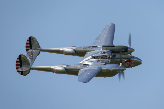 Payerne, Switzerland - September 7, 2014: Lockheed P-38 Lightning World War II fighter aircraft operated by The Flying Bulls Collection.