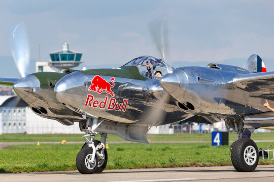 Payerne, Switzerland - September 7, 2014: Lockheed P-38 Lightning World War II fighter aircraft operated by The Flying Bulls Collection.