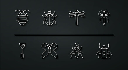 Set line Larva insect, Fly swatter, Spider, Ant, Butterfly, Mite, Beetle bug and Dragonfly icon. Vector