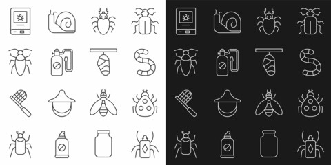 Set line Beetle bug, Ladybug, Worm, deer, Pressure sprayer, Cockroach, Book about insect and Butterfly cocoon icon. Vector