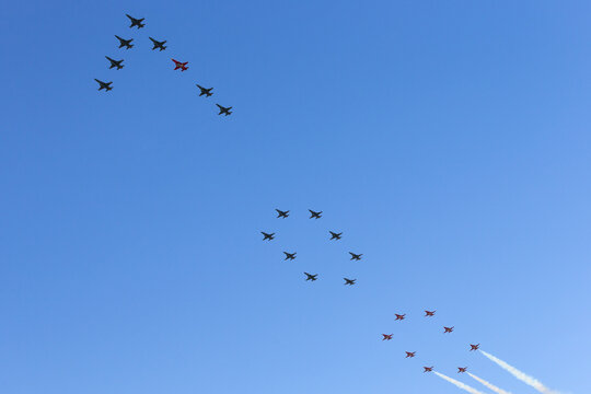 Payerne, Switzerland - September 8, 2014: Swiss Air Force Northrop F-5 jets flying in a special formation of 24 aircraft to celebrate the 100th Anniversary of the Swiss Air Force.