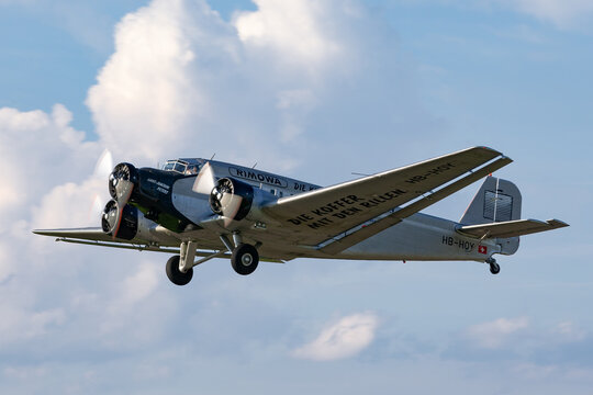 Payerne, Switzerland - September 8, 2014: Junkers Ju-52 transport aircraft operated by Ju-Air in Switzerland.
