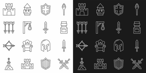 Set line Crossed medieval sword, Medieval, Poison in bottle, Shield, Gallows, arrows, Castle, fortress and icon. Vector