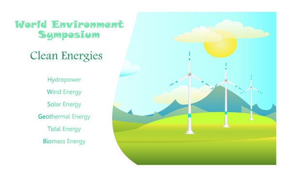 Clean energy brochure with wind turbines on a meadow at one end and a list of non-fossil fuels at the other. alternative energy concept; vectors